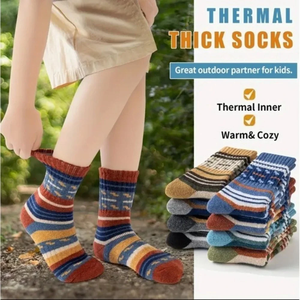 Merino Wool Thermal Thick Warm Cozy Winter Socks 8-12 Boys Retro Striped Soft‎